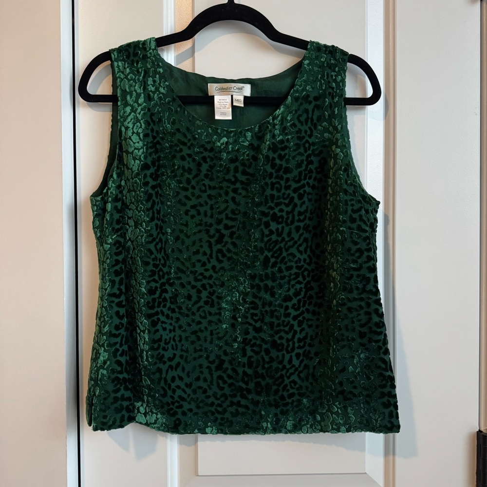 Coldwater Creek Emerald Green Silk Blend Velvet Leopard Burnout Tank M